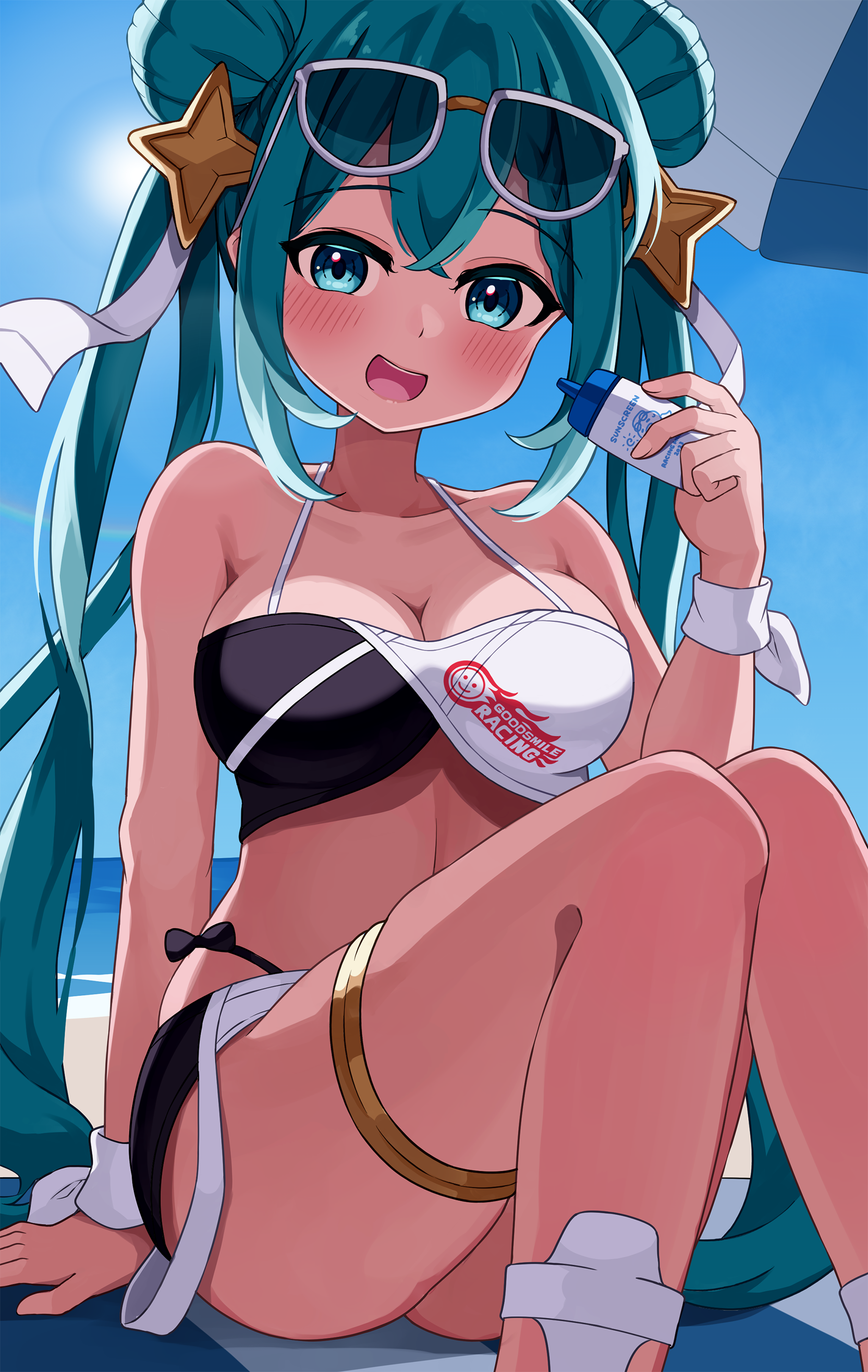 zukimikan, hatsune miku, racing miku, racing miku (2023), goodsmile company, goodsmile racing, vocaloid, absurdres, highres, 1girl, aqua eyes, aqua hair, beach umbrella, bikini, black bikini, blush, bottle, breasts, closed mouth, collarbone, dark skin, double bun, eyewear on head, gold thighlet, hair between eyes, hair bun, holding, holding bottle, jewelry, long hair, looking at viewer, lotion, lotion bottle, medium breasts, open mouth, sitting, smile, solo, sunscreen, swimsuit, tan, thighlet, twintails, umbrella, very long hair