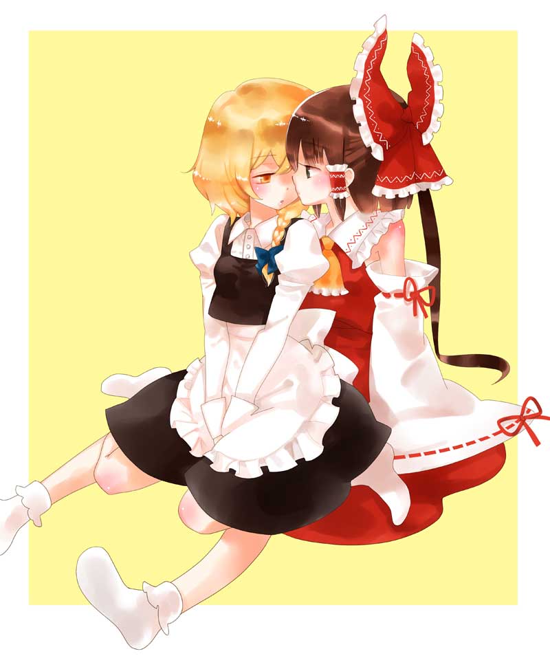kemeko (artist), hakurei reimu, kirisame marisa, touhou, 2girls, black hair, blonde hair, braid, detached sleeves, female focus, japanese clothes, miko, multiple girls, sitting, socks, yellow eyes
