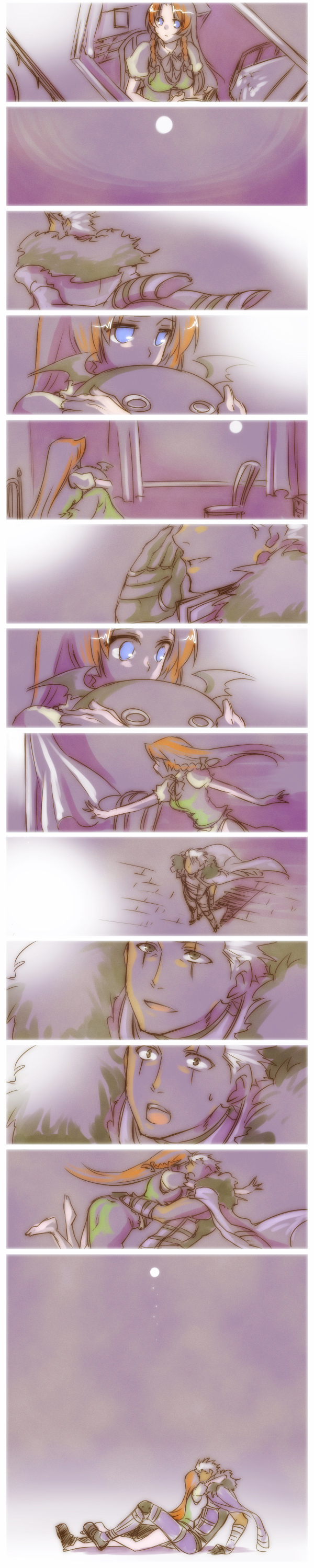 esaka, fernandez, hong meiling, krizalid, m.u.g.e.n, snk, the king of fighters, touhou, waku waku 7, absurdres, bad id, bad pixiv id, highres, long image, tall image, 1boy, 1girl, blue eyes, brown eyes, comic, couple, crossover, falling, hetero, hug, moon, red hair, silent comic, white hair