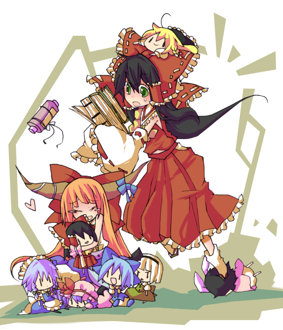 pecoe, cirno, hakurei reimu, ibuki suika, inaba tewi, izayoi sakuya, kirisame marisa, konpaku youmu, remilia scarlet, touhou, bad id, bad pixiv id, 2girls, animal ears, bat wings, black hair, blonde hair, blue hair, blush, book stack, braid, brown hair, carrying, character doll, doll, female focus, green eyes, hairband, hat, horns, hug, long hair, maid, multiple girls, orange hair, rabbit ears, ribbon, scroll, short hair, tears, tripping, twin braids, white hair, wings