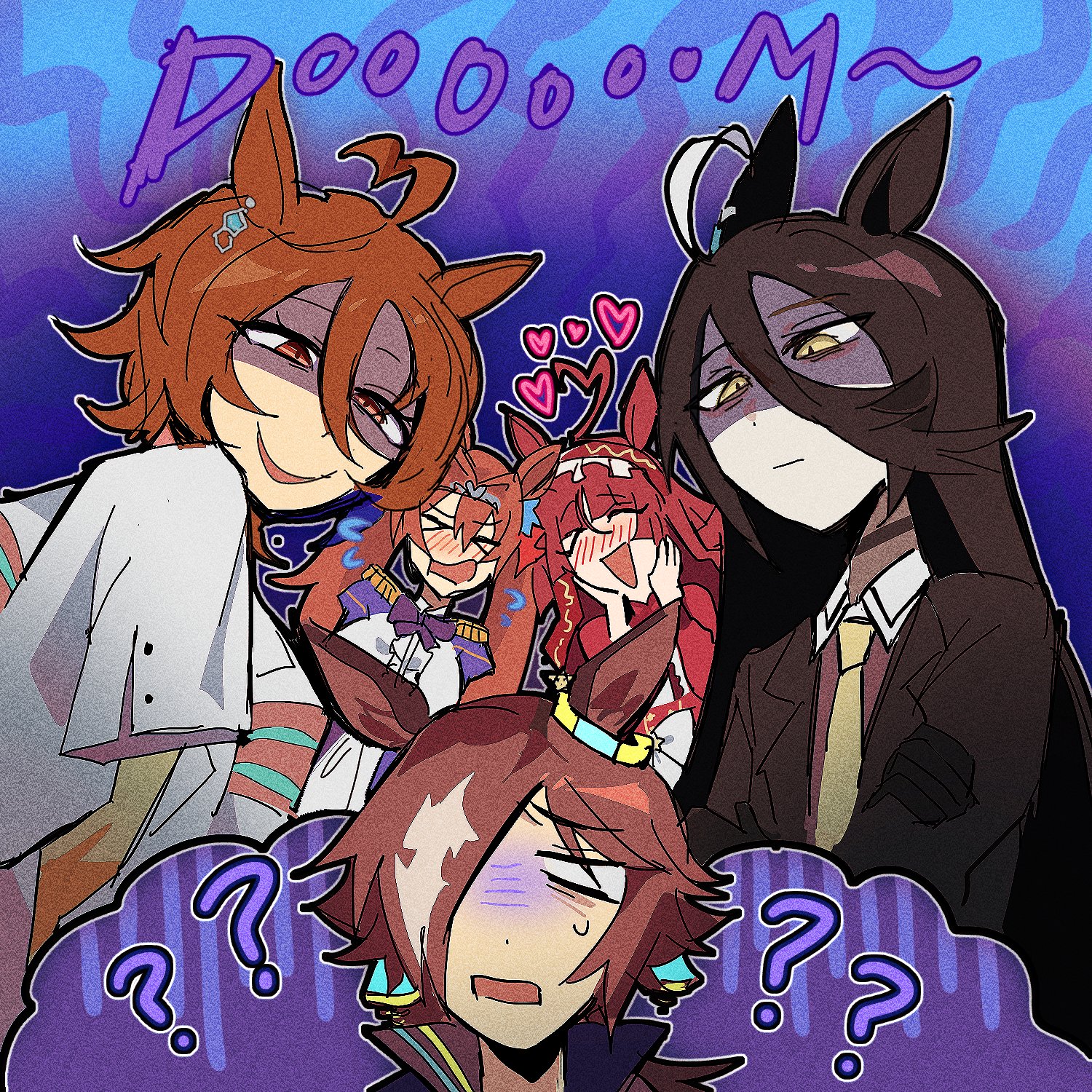 mel (koginaki), agnes tachyon (tach-nology) (umamusume), agnes tachyon (umamusume), daiwa scarlet (peak blue) (umamusume), daiwa scarlet (umamusume), manhattan cafe (creeping black) (umamusume), manhattan cafe (umamusume), red desire (umamusume), vodka (umamusume), vodka (wild top gear) (umamusume), umamusume, highres, > <, 5girls, ?, ??, ahoge, black coat, black gloves, blunt bangs, blunt ends, blush, brown hair, closed mouth, coat, collared shirt, contrast collar, epaulettes, expressive hair, gloom (expression), gloves, grey shirt, hair between eyes, hair intakes, hair over one eye, hand up, hands on own face, heart, lab coat, long hair between eyes, long sleeves, multicolored hair, multiple girls, necktie, no pupils, open clothes, open coat, open mouth, parted lips, red hair, shaded face, shirt, short hair, sleeves past fingers, sleeves past wrists, smile, sweat, sweater, turn pale, white coat, white hair, white shirt, yellow eyes, yellow necktie, yellow sweater