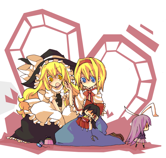 pecoe, alice margatroid, hakurei reimu, kirisame marisa, reisen udongein inaba, touhou, bad id, bad pixiv id, 2girls, animal ears, blonde hair, blue eyes, character doll, doll, female focus, gohei, hairband, hat, long hair, multiple girls, rabbit ears, sewing, short hair, witch, witch hat, yellow eyes