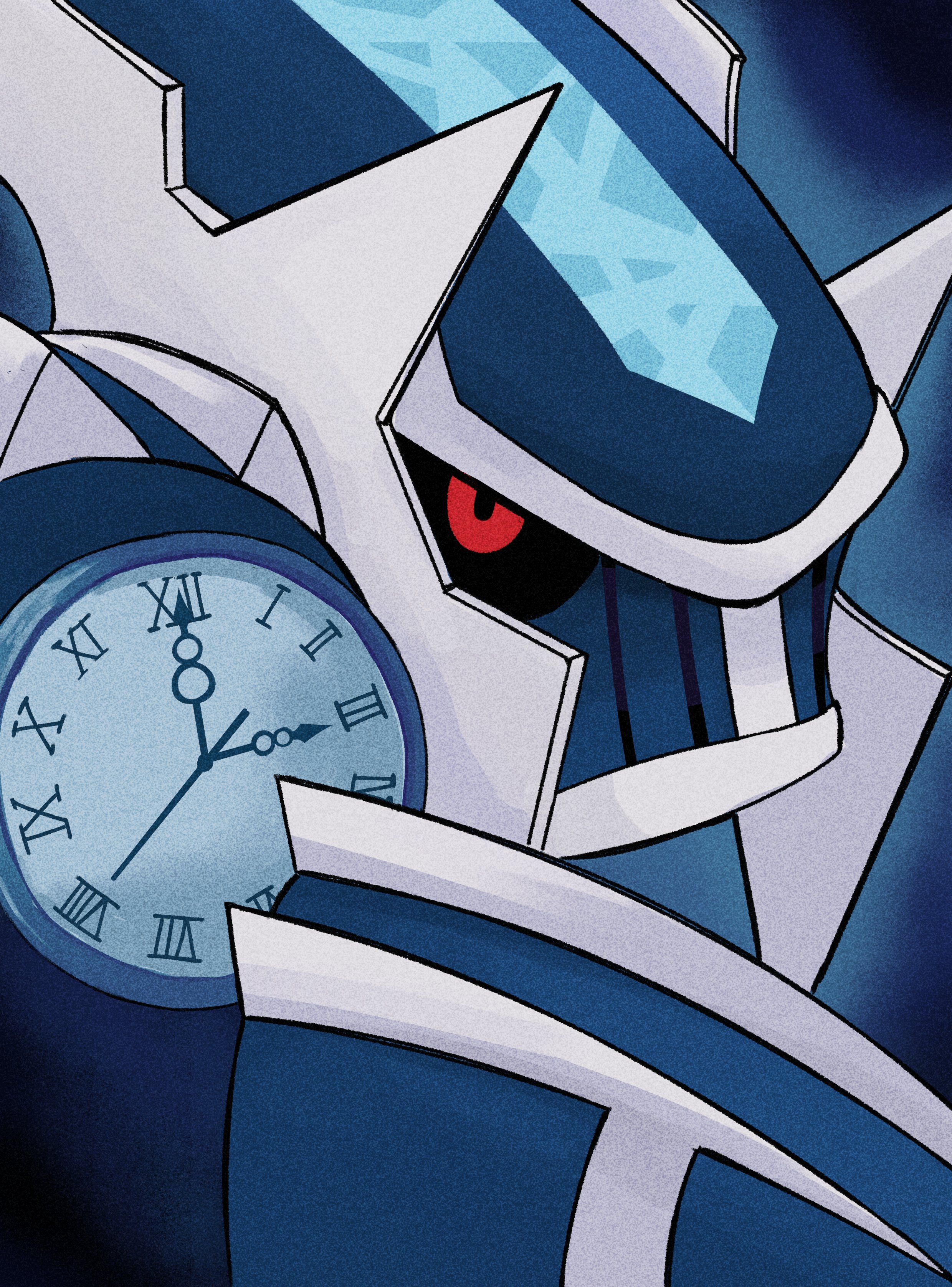 renmemberme, dialga, nintendo, pokemon, absurdres, highres, black sclera, blue background, close-up, colored sclera, from side, gen 4 pokemon, holding, holding pocket watch, legendary pokemon, looking at viewer, looking to the side, meme, no humans, pocket watch, pointing, pointing at object, pokemon (creature), pokemon focus, portrait, red eyes, roman numeral, v-shaped eyes, watch, white rabbit pointing at a clock (meme)
