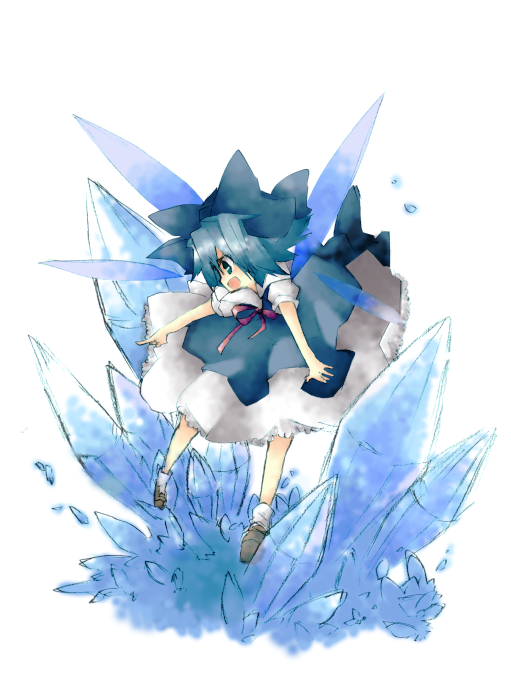 pecoe, cirno, embodiment of scarlet devil, touhou, bad id, bad pixiv id, 1girl, blue eyes, blue hair, dress, female focus, matching hair/eyes, short hair, solo, white background, wings