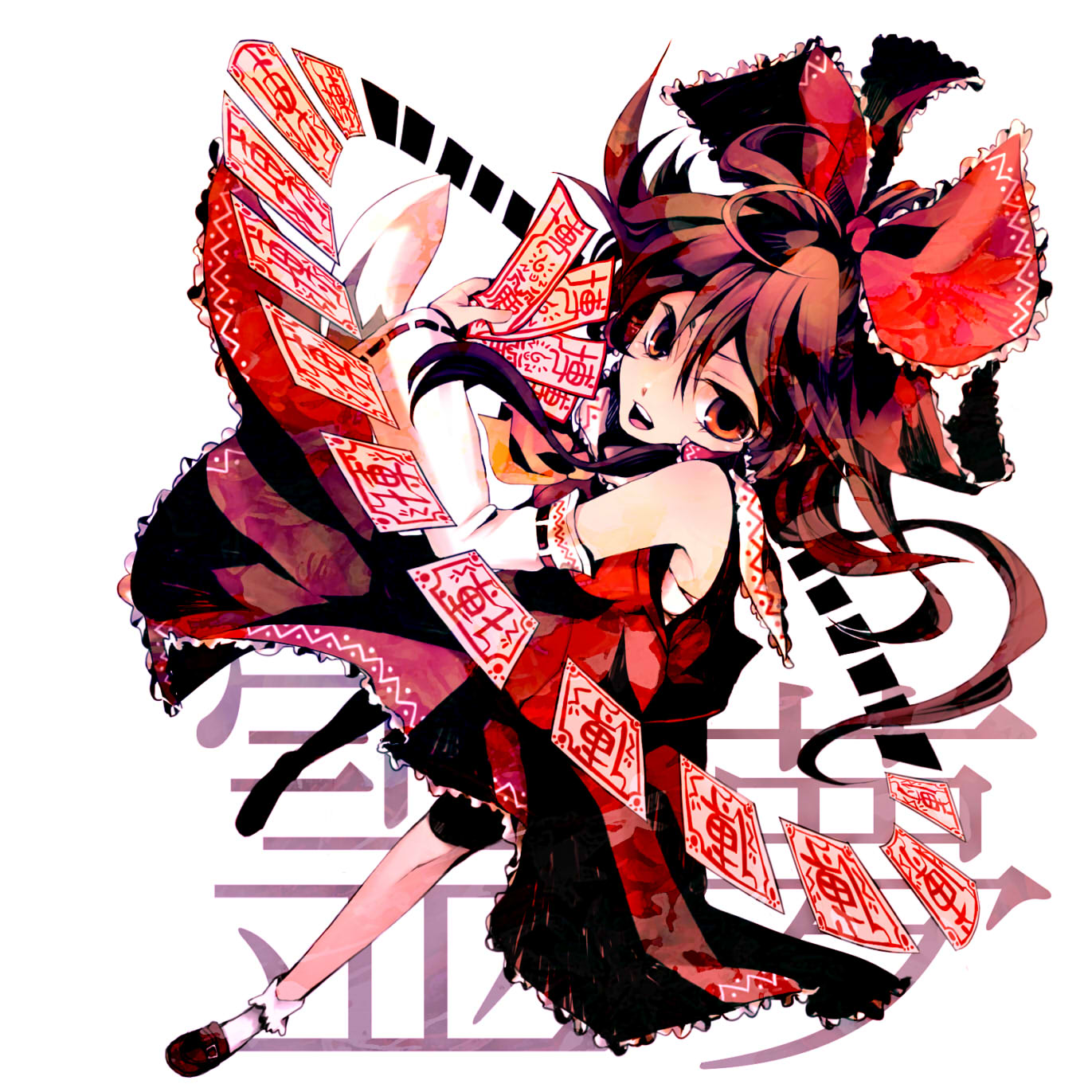 macco, hakurei reimu, touhou, bad id, bad pixiv id, highres, 1girl, bobby socks, bow, brown eyes, brown hair, danmaku, detached sleeves, female focus, hair bow, japanese clothes, large bow, miko, ofuda, red eyes, socks, solo