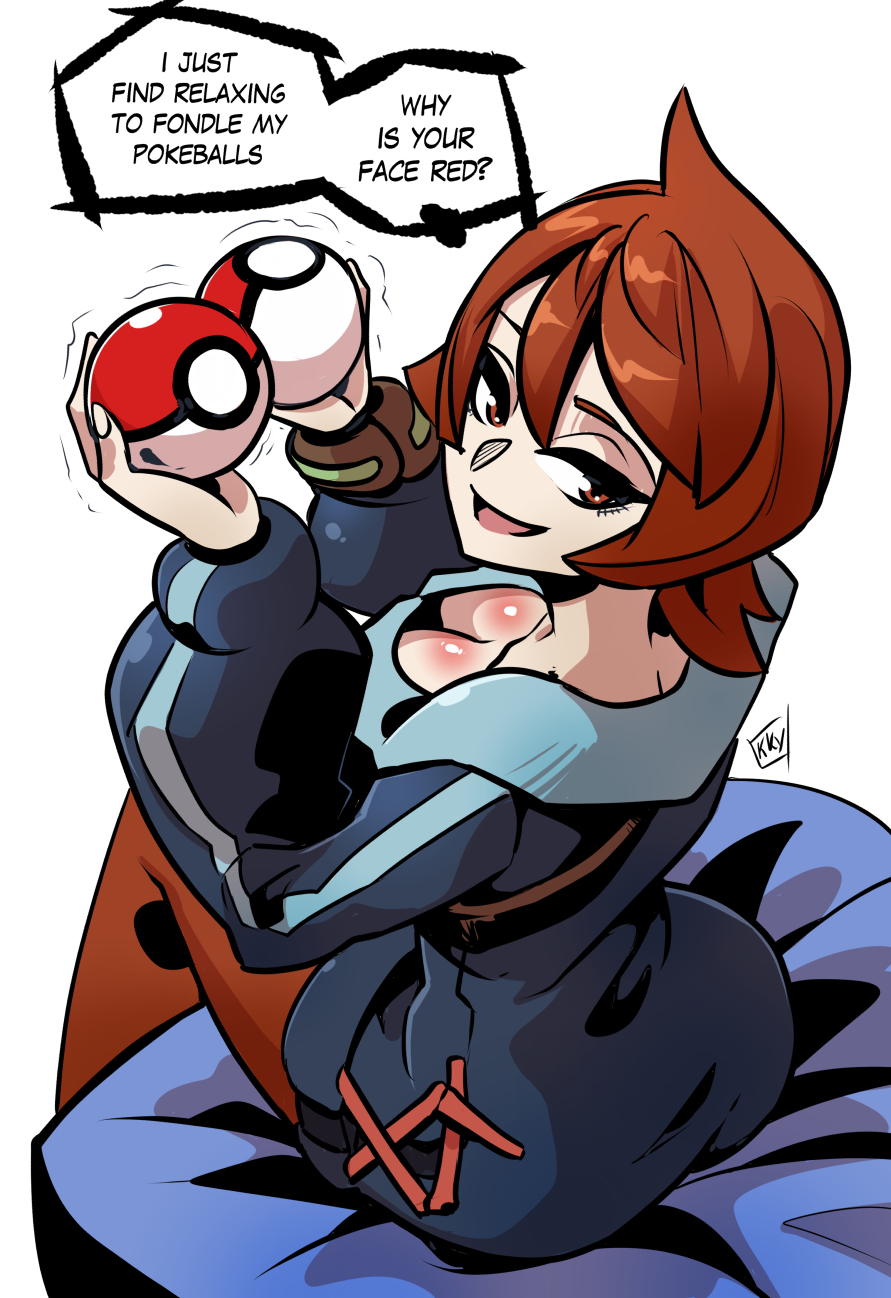 kukuruyo, arezu (pokemon), nintendo, pokemon, pokemon legends: arceus, commentary request, hashtag-only commentary, highres, 1girl, alternate breast size (larger), blue dress, breasts, brown eyes, brown hair, brown pantyhose, cleavage, downblouse, dress, english text, holding, holding poke ball, large breasts, looking at viewer, open mouth, pantyhose, poke ball, poke ball (basic), sexually suggestive, short dress, short hair, signature, sitting, smile, solo