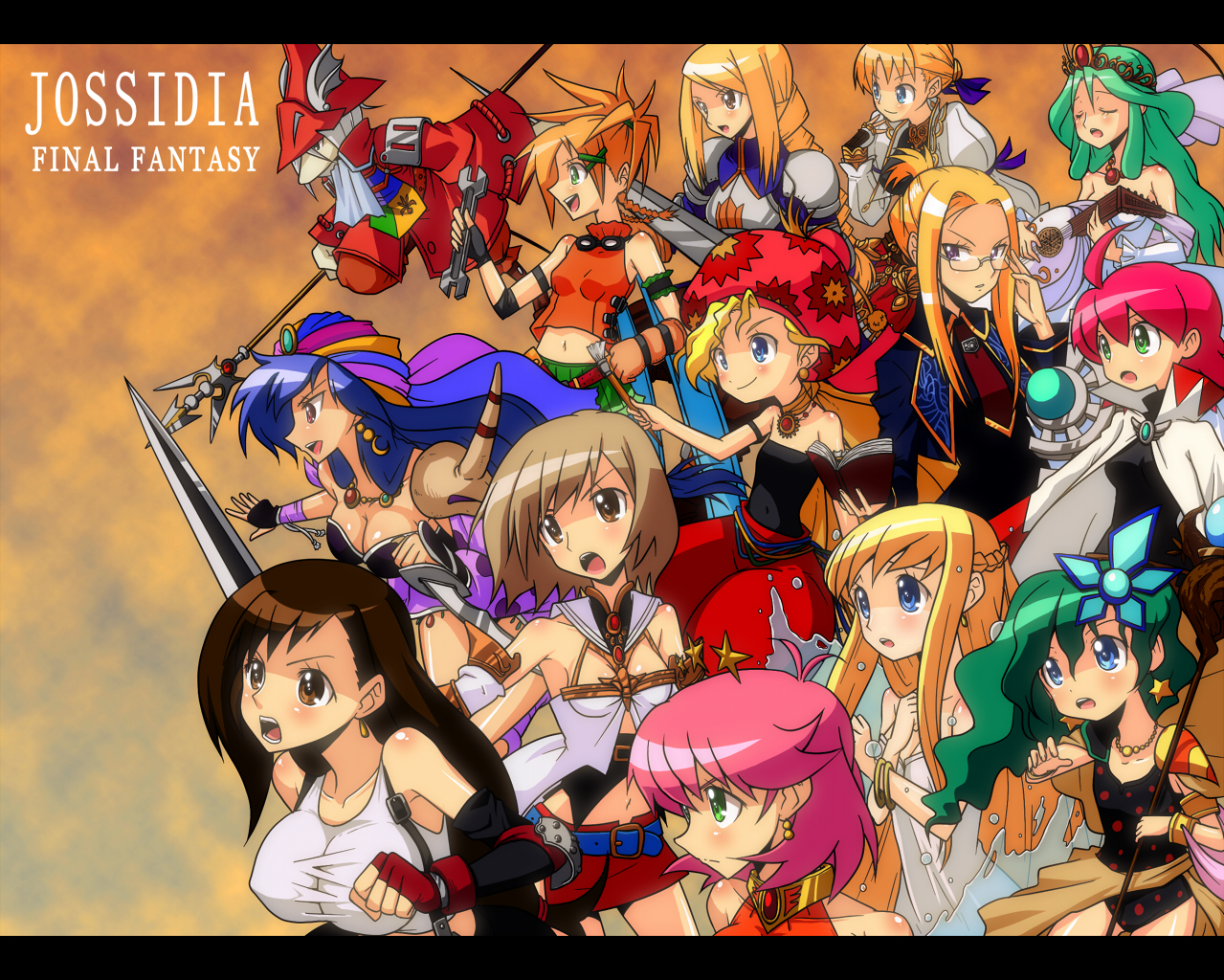 shirono, afumau (final fantasy), agrias oaks, aria benett, ashelia b'nargin dalmasca, freya crescent, leila, leila (ff2), lenna charlotte tycoon, quistis trepe, relm arrowny, rikku (ff10), rydia (ff4), rydia (young) (ff4), sarah (ff1), shirma, tifa lockhart, white mage (final fantasy), dissidia final fantasy, final fantasy, final fantasy fables, final fantasy i, final fantasy ii, final fantasy iii, final fantasy iv, final fantasy ix, final fantasy tactics, final fantasy v, final fantasy vi, final fantasy vii, final fantasy viii, final fantasy x, final fantasy xi, final fantasy xii, pixiv, square enix, annotated, 6+girls, @ @, age difference, aged down, ahoge, antenna hair, armor, art brush, bare shoulders, belt, blonde hair, blue hair, book, bracelet, braid, breasts, brown eyes, brown hair, burmecian, child, cleavage, cloak, closed eyes, copyright name, crossover, crown, dagger, detached sleeves, dress, earrings, fingerless gloves, flat chest, formal clothes, glasses, gloves, goggles, green eyes, green hair, hair ornament, hairclip, hat, helmet, in-franchise crossover, instrument, jewelry, knife, large breasts, leotard, letterboxed, long hair, lute (instrument), midriff, multiple girls, necklace, open mouth, paintbrush, parody, pink hair, pirate, polearm, princess, purple eyes, ringed eyes, shirt, short hair, single braid, smile, spear, staff, star (symbol), suspenders, sword, tail, taut clothes, taut shirt, tiara, title parody, twin braids, water, weapon, wrench, x hair ornament
