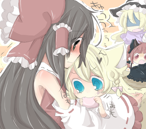 pecoe, flandre scarlet, hakurei reimu, kaenbyou rin, kirisame marisa, touhou, bad id, bad pixiv id, 4girls, animal ears, aqua eyes, black hair, blonde hair, blue eyes, blush, braid, cat ears, cat girl, detached sleeves, dress, fang, female focus, hair ribbon, hat, hug, japanese clothes, long hair, miko, multiple girls, red eyes, red hair, ribbon, witch, witch hat
