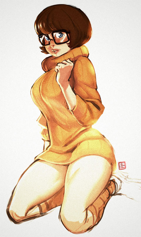 qiqo, velma dinkley, cartoon network, scooby-doo, bad tag, blue eyes, bottomless, breasts, brown hair, curvy, freckles, glasses, kneehighs, kneeling, short hair, sleeves pushed up, socks, sweater, sweater dress, thighs, turtleneck