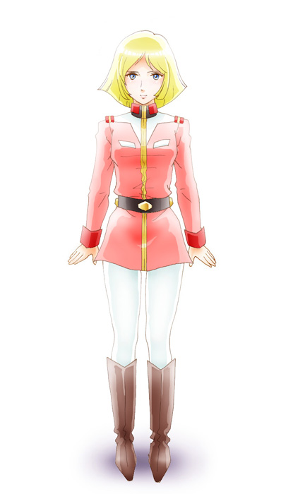 leica (leica xx), sayla mass, gundam, mobile suit gundam, uniform, bad id, bad pixiv id, blonde hair, blue eyes, boots, pantyhose, short hair, solo, white pantyhose