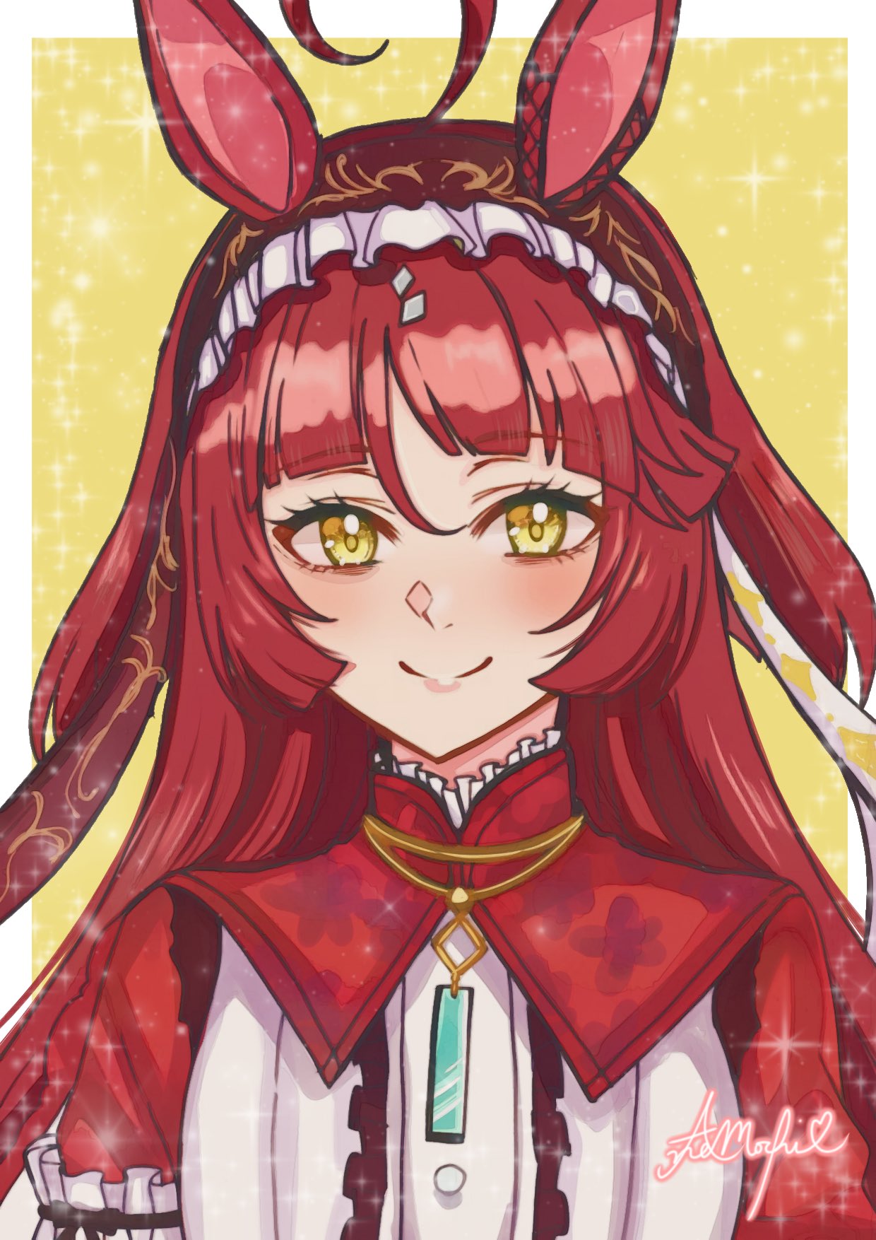 b9pqpy, red desire (umamusume), umamusume, highres, 1girl, ahoge, animal ears, blush, breasts, hair between eyes, hair ornament, hairband, horse ears, looking at viewer, portrait, red hair, signature, simple background, small breasts, smile, solo, sparkle