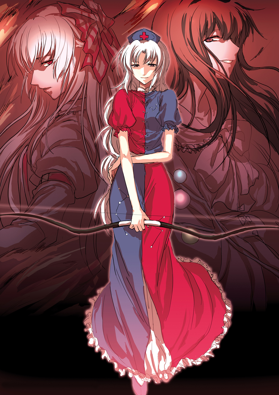 irua, fujiwara no mokou, houraisan kaguya, yagokoro eirin, touhou, bad id, bad pixiv id, highres, 3girls, back-to-back, black hair, bow, bow (weapon), braid, brown eyes, constellation, cross, dress, expressionless, female focus, frilled dress, frills, hat, holding, holding weapon, large bow, long hair, looking at viewer, multiple girls, nurse cap, profile, puffy short sleeves, puffy sleeves, red cross, red eyes, red hair, shaded face, short sleeves, single braid, standing, very long hair, weapon, white hair