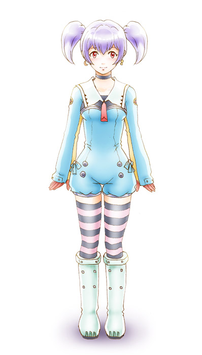 chiko, leica (leica xx), tycho science, top wo nerae! (series), top wo nerae 2!, white footwear, bad id, bad pixiv id, 00s, boots, earrings, full body, gloves, jewelry, purple hair, red eyes, romper, shoes, short hair, solo, striped clothes, striped thighhighs, thighhighs, thumb hole, twintails