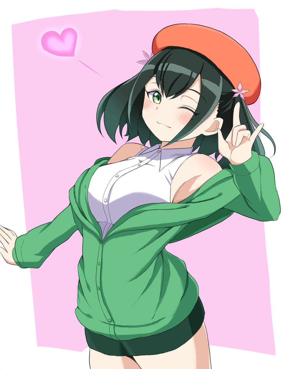 ruriha rura, bad girl (manga), highres, /m/, 1girl, black hair, blush, breasts, closed mouth, dot nose, feet out of frame, female focus, green eyes, hair between eyes, hat, heart, legs, long sleeves, looking at viewer, medium breasts, medium hair, one eye closed, shirt, smile, solo, standing, white shirt, wink