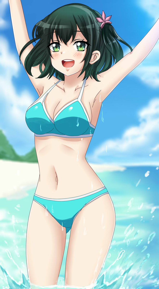 ruriha rura, bad girl (manga), highres, 1girl, armpits, arms up, bare arms, bare legs, bare shoulders, beach, bikini, black hair, blue bikini, blurry, blurry background, blush, breasts, cloud, collarbone, day, dot nose, feet out of frame, female focus, green eyes, hair between eyes, looking at viewer, medium breasts, mountain, navel, open mouth, outdoors, scenery, sky, solo, standing, swimsuit, teeth, wet
