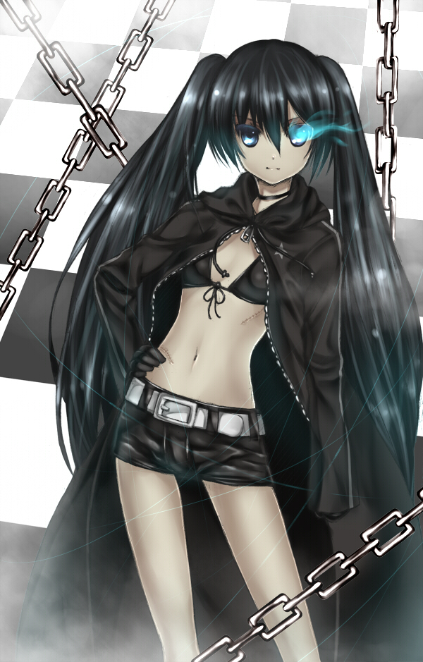 takemori shintarou, black rock shooter (character), black rock shooter, bad id, bad pixiv id, 10s, 1girl, bikini, bikini top only, black bikini, black hair, blue eyes, cape, chain, female focus, gloves, glowing, glowing eyes, hand on own hip, long hair, scar, shorts, solo, swimsuit, twintails