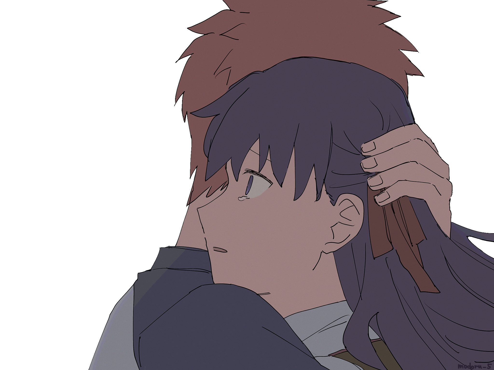 modoru 5, emiya shirou, matou sakura, fate/stay night, fate (series), heaven's feel, commentary request, highres, 1boy, 1girl, brown hair, hair ribbon, homurabara academy school uniform, hug, purple eyes, purple hair, raglan sleeves, ribbon, school uniform, tearing up