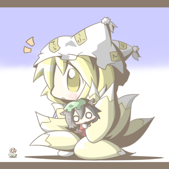 aoblue, chen, yakumo ran, touhou, 2girls, animal ears, animal hat, black hair, blonde hair, carrying, cat ears, cat girl, cat tail, chibi, earrings, female focus, flower, fox tail, hat, jewelry, mob cap, multiple girls, multiple tails, o o, short hair, single earring, tail, tassel, yellow eyes