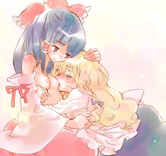 kemeko (artist), hakurei reimu, kirisame marisa, touhou, bad id, bad pixiv id, 2girls, black hair, blonde hair, braid, breast sucking, breasts, closed eyes, detached sleeves, female focus, long hair, multiple girls, small breasts, tears, yuri