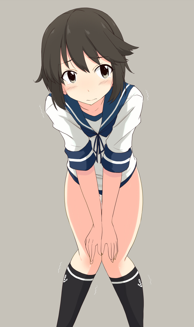 kugui kiyunemu, miyuki (kancolle), kantai collection, commentary request, 1girl, anchor symbol, black eyes, black socks, blue neckerchief, blue sailor collar, blush, brown hair, collarbone, embarrassed, feet out of frame, hair between eyes, kneehighs, knees together feet apart, leaning forward, looking at viewer, medium hair, motion lines, neckerchief, no pants, pussy juice, sailor collar, shirt, short sleeves, sidelocks, socks, solo, thighs, white shirt