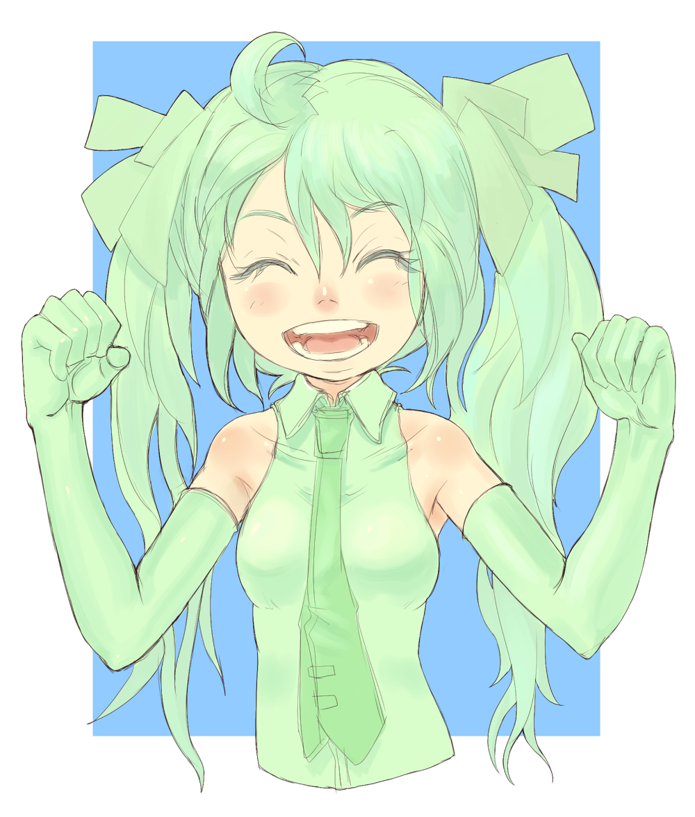 kansou samehada, hatsune miku, vocaloid, bad id, bad pixiv id, blush, closed eyes, gloves, green hair, necktie, solo, twintails