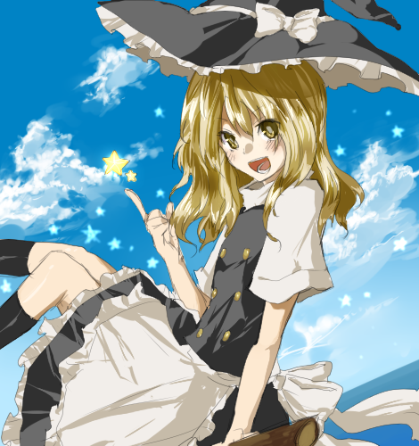 kame, kirisame marisa, touhou, bad id, bad pixiv id, lowres, 1girl, :d, blonde hair, broom, broom riding, cloud, day, female focus, hat, open mouth, sky, smile, solo, star (symbol), witch, witch hat, yellow eyes