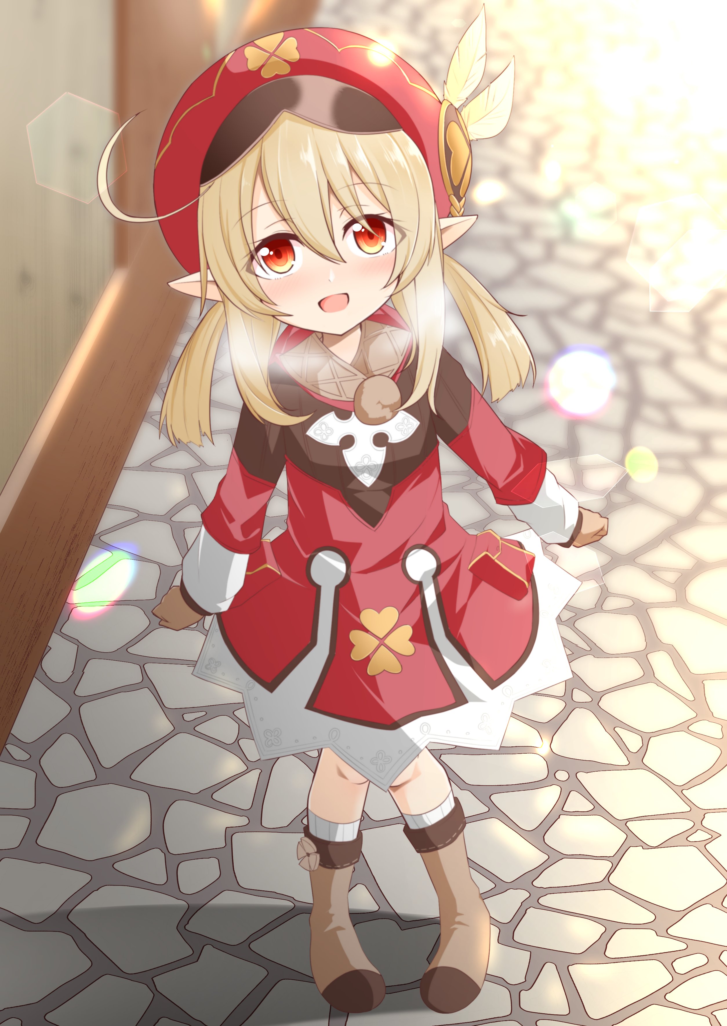 wataru (nextlevel), klee (genshin impact), genshin impact, absurdres, highres, bag, boots, brick floor, brick wall, dress, feathers, hat, hat feather, heavy breathing, knee boots, long hair, open mouth, pointy ears, red dress, red eyes, red hat, smile, solo, standing, stone floor, stone wall, twintails, white feathers