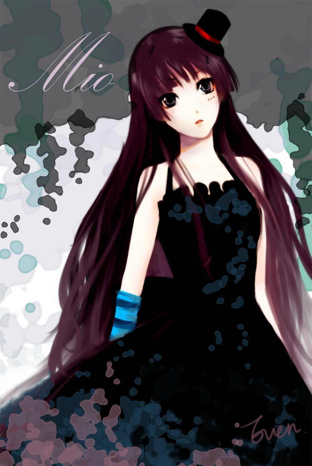 ely (eeelyeee), akiyama mio, don't say "lazy", k-on!, bad id, bad pixiv id, highres, 00s, 1girl, bare shoulders, black hair, blunt bangs, dress, facepaint, female focus, hat, hime cut, long hair, mini hat, mini top hat, solo, top hat, very long hair