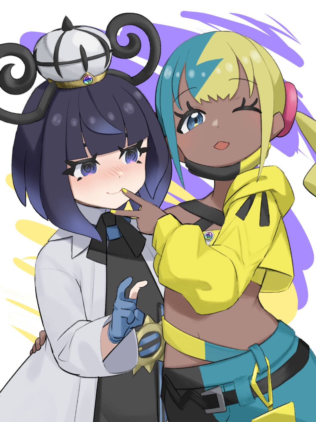 pucipumpkin, canari (pokemon), gwynn (pokemon), nintendo, pokemon, pokemon legends: z-a, highres, 2girls, ;d, @ @, arm around waist, belt, belt buckle, black dress, blonde hair, blue eyes, blue hair, blunt bangs, bob cut, buckle, closed mouth, coat, crop top, cropped jacket, dark-skinned female, dark skin, dress, eyelashes, hat, jacket, long sleeves, looking at viewer, mega stone, multicolored hair, multiple girls, o-ring, o-ring belt, one eye closed, open clothes, open coat, open mouth, purple eyes, purple hair, short hair, simple background, smile, split-color hair, two-tone hair, v, white coat, yellow jacket, yellow nails, yuri