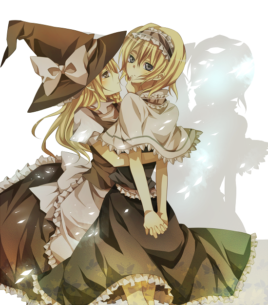 tsukioka tsukiho, alice margatroid, kirisame marisa, touhou, bad id, bad pixiv id, 2girls, arms behind back, blonde hair, capelet, dress, female focus, frills, hairband, hat, multiple girls, witch, witch hat, wizard hat