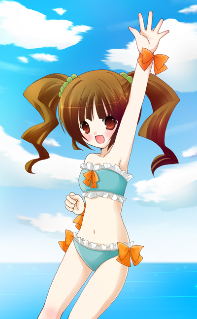 oumi neneha, takatsuki yayoi, idolmaster, idolmaster (classic), idolmaster 1, bad id, bad pixiv id, 00s, 1girl, aqua bikini, arm up, beach, bikini, brown hair, day, female focus, outdoors, red eyes, short hair, solo, swimsuit, twintails, waving