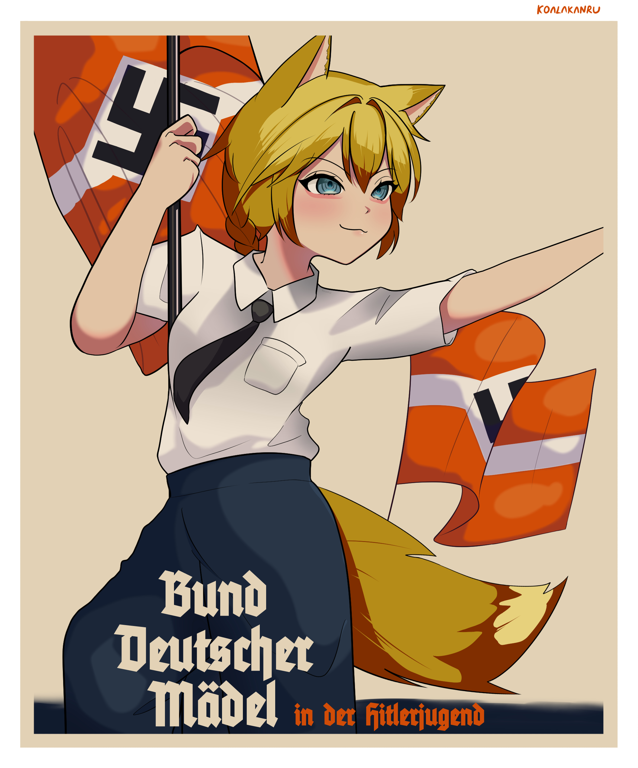 koalakanru, original, absurdres, highres, 1girl, animal ear fluff, animal ears, black necktie, blonde hair, blue dress, blue eyes, braid, dress, flag, fox ears, fox girl, fox tail, german text, hair between eyes, hitlerjugend, holding, holding flag, nazi, necktie, poster (object), propaganda, salute, shirt, short hair, single braid, smile, solo, straight-arm salute, swastika, tail, white shirt
