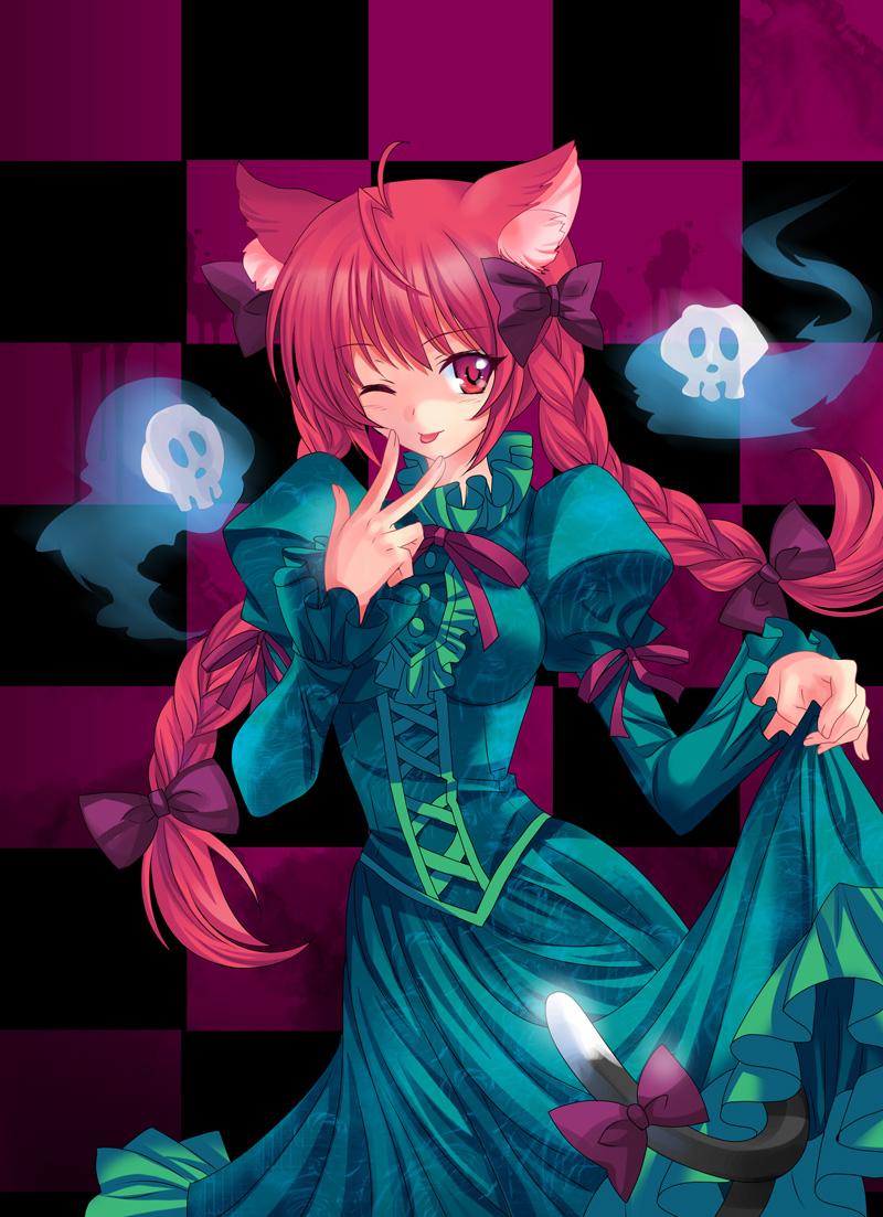 pico (picollector79), kaenbyou rin, touhou, bad id, bad pixiv id, 1girl, :p, ahoge, animal ears, braid, cat ears, cat girl, cat tail, checkered background, clothes lift, dress, dress lift, female focus, floating skull, green dress, long hair, one eye closed, red eyes, red hair, solo, tail, tongue, tongue out, twin braids, twintails, very long hair, wink