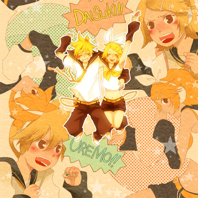 kamu, kamu (camui), kagamine len, kagamine rin, vocaloid, bad id, bad pixiv id, 1boy, 1girl, ^ ^, brother and sister, closed eyes, jumping, siblings, twins