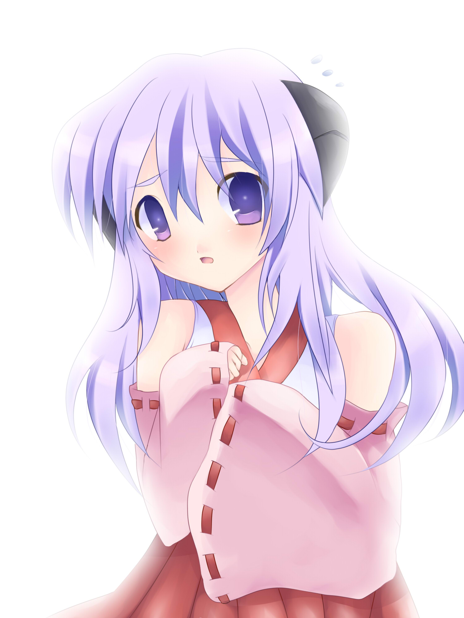 ichigo (ichigoxxusagi), hanyuu, higurashi no naku koro ni, bad id, bad pixiv id, highres, 00s, 1girl, blush, detached sleeves, female focus, hakama, hakama skirt, horns, japanese clothes, long hair, miko, open mouth, purple eyes, purple hair, red hakama, skirt, solo