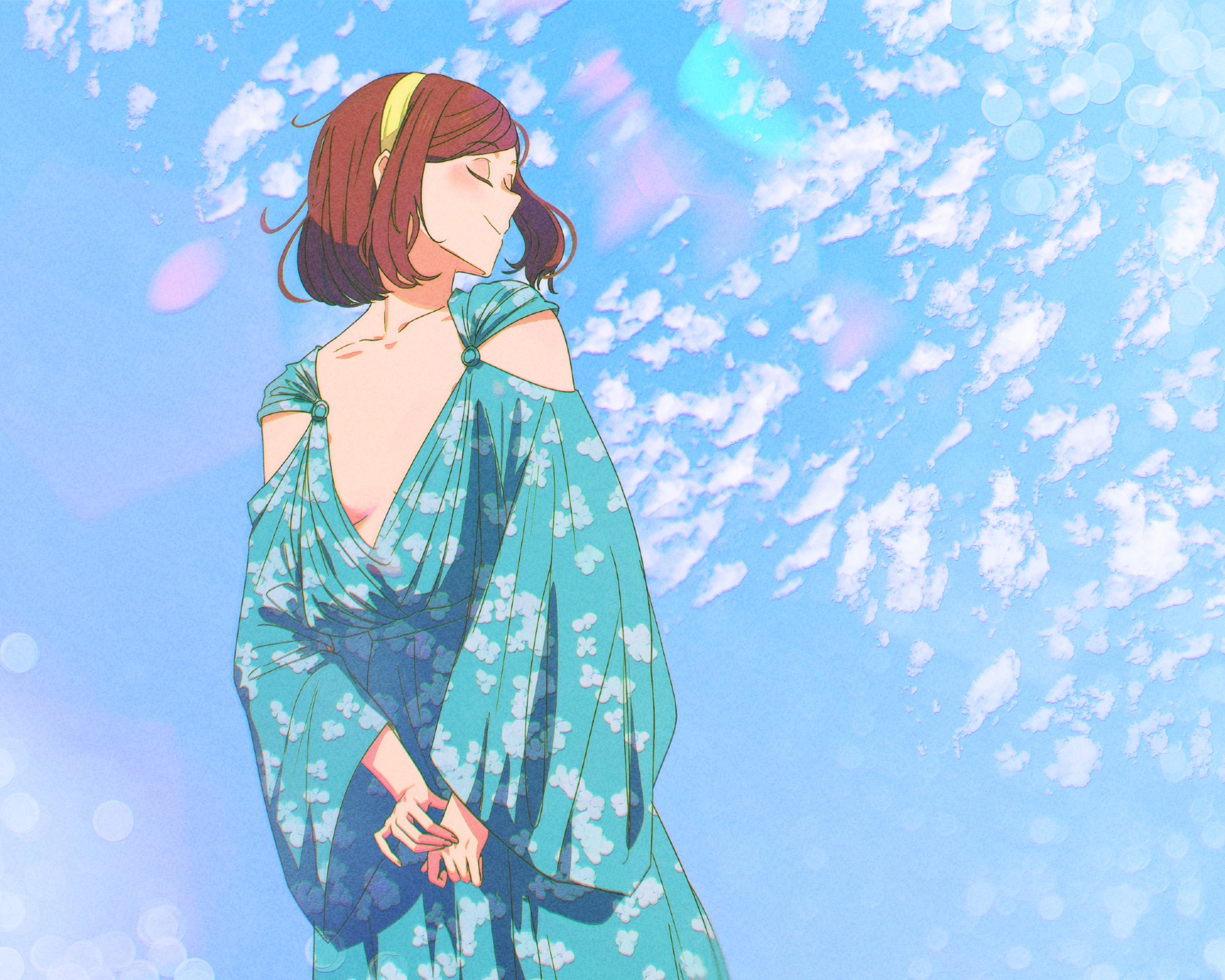 spindle (aidenr0), ottilie (spindle (aidenr0)), original, commentary, english commentary, highres, 1girl, aqua dress, blonde hair, blue sky, breasts, closed eyes, closed mouth, collarbone, cowboy shot, day, dress, long sleeves, no bra, outdoors, red hair, short hair, sideboob, sky, small breasts, solo, standing, turning head
