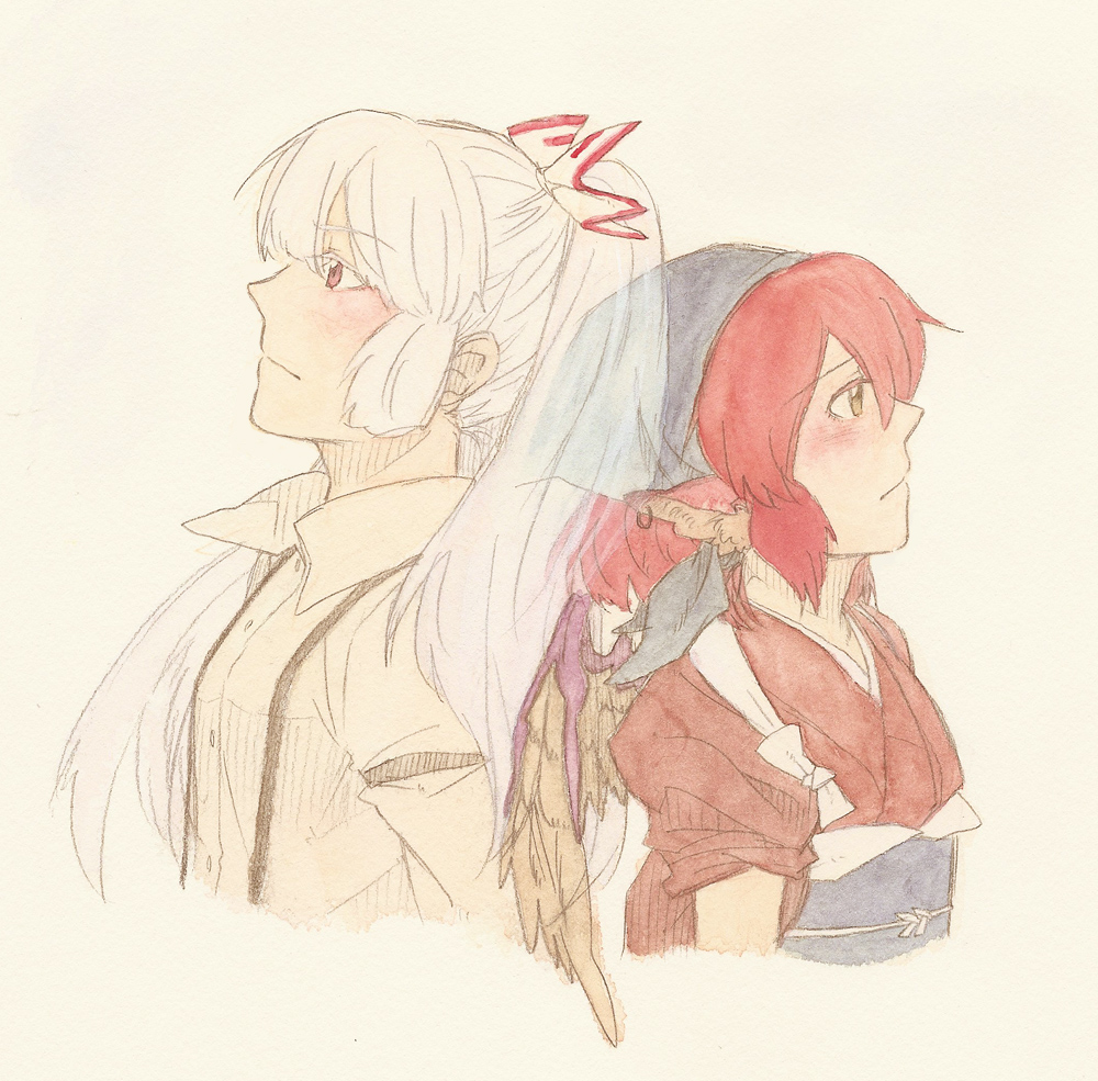 torinone, fujiwara no mokou, mystia lorelei, okamisty, touhou, painting (medium), traditional media, watercolor (medium), 2girls, animal ears, back-to-back, black headscarf, earrings, female focus, headscarf, japanese clothes, jewelry, long hair, multiple girls, pink hair, short hair, tasuki, white hair, wings