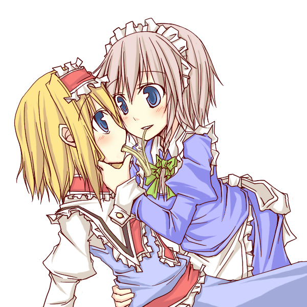 natsuk, alice margatroid, izayoi sakuya, touhou, silver hair, 2girls, blonde hair, blue eyes, blush, braid, eye contact, female focus, grabbing another's chin, hairband, hand on another's chin, looking at another, maid, multiple girls, short hair, yuri