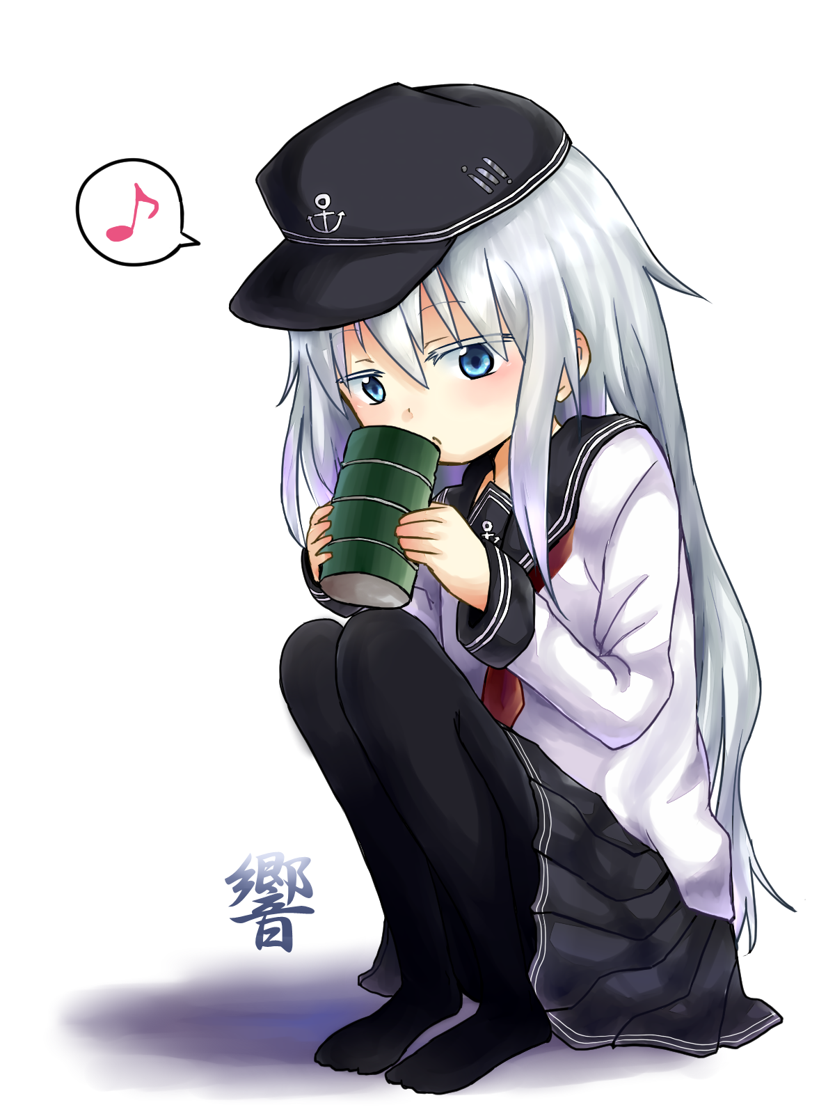 u yuz xx, hibiki (kancolle), kantai collection, highres, beamed eighth notes, black skirt, blue eyes, cup, drinking, eighth note, flat cap, hat, heart, long hair, music, musical note, necktie, pantyhose, pleated skirt, quarter note, sailor collar, school uniform, skirt, solo, speech bubble, spoken heart, spoken musical note, spoken squiggle, squatting, squiggle, white background