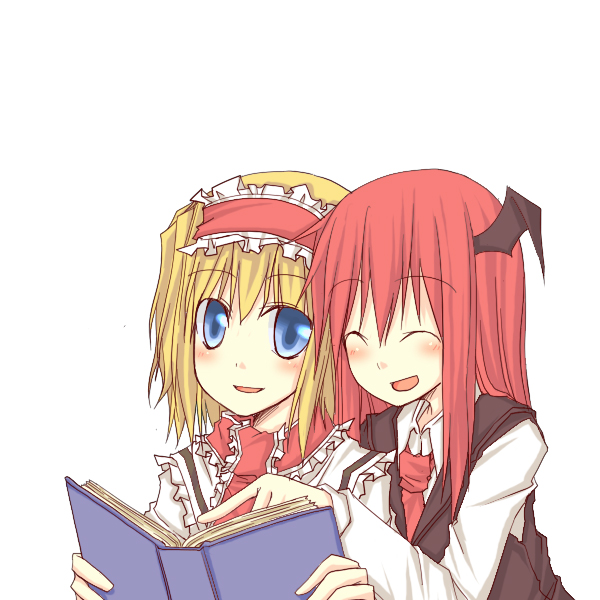 natsuk, alice margatroid, koakuma, touhou, 2girls, ^ ^, bat wings, blonde hair, blue eyes, book, closed eyes, female focus, hairband, head wings, long hair, multiple girls, open book, pointing, reading, red hair, sharing, short hair, smile, wings