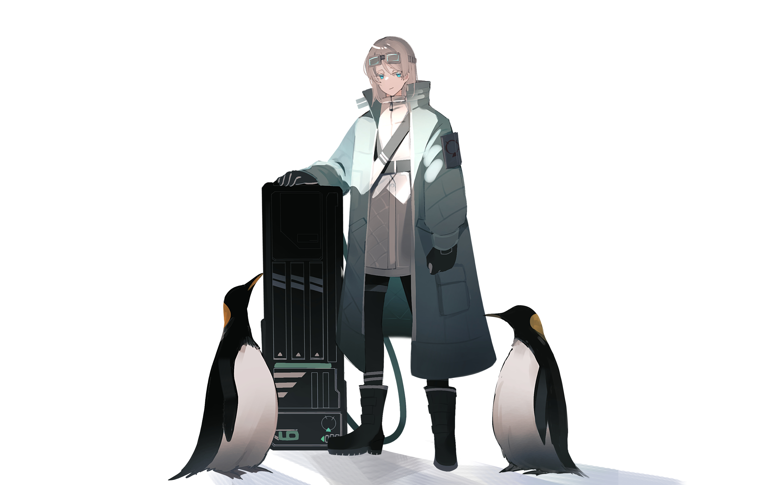 limbus company, project moon, absurdres, highres, 1girl, 779 nnk, animal, aqua coat, bird, black boots, black gloves, black pants, blue eyes, boots, coat, devyat' association north uniform, full body, gloves, goggles, goggles on head, holding case, long coat, long sleeves, looking at viewer, open clothes, open coat, pants, penguin, short hair, simple background, smirk, standing, strap, white background, white hair