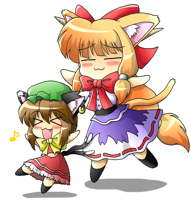pic2 toshi, chen, ibuki suika, touhou, bad id, bad pixiv id, > <, > <, 2girls, :3, = =, animal ears, bow, brown hair, cat ears, cat girl, cat tail, closed eyes, earrings, fang, female focus, hair bow, hat, horns, jewelry, long hair, multiple girls, musical note, orange hair, ribbon, tail, x3
