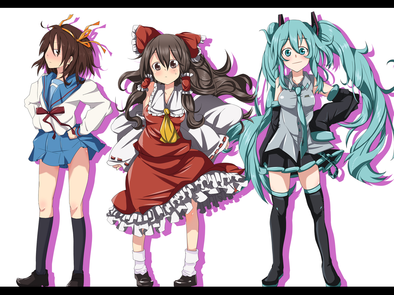 ryouma (galley), hakurei reimu, hatsune miku, suzumiya haruhi, suzumiya haruhi no yuuutsu, touhou, vocaloid, bad id, bad pixiv id, highres, 00s, 3girls, aqua eyes, aqua hair, black hair, brown eyes, brown hair, crossover, detached sleeves, hairband, hand on own hip, hands on own hips, hip focus, japanese clothes, legs, letterboxed, long hair, miko, multiple crossover, multiple girls, necktie, school uniform, serafuku, short hair, skirt, thighhighs, twintails, very long hair