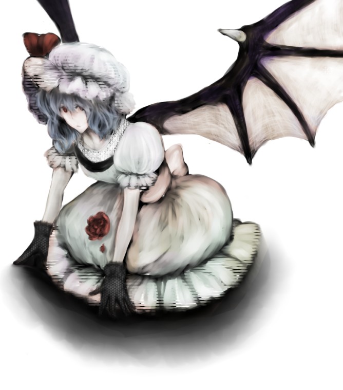 kashii, remilia scarlet, touhou, silver hair, bad id, bad pixiv id, 1girl, bat wings, black gloves, female focus, full body, gloves, looking at viewer, puffy short sleeves, puffy sleeves, short hair, short sleeves, simple background, solo, spikes, white background, wings
