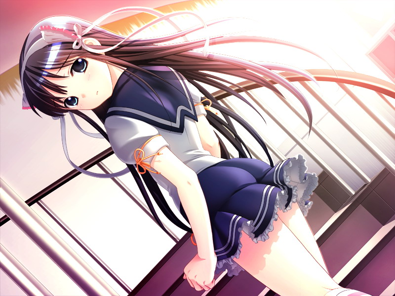 hiide, yuki arisa, yotsunoha, game cg, 00s, 1girl, animal ears, aqua eyes, ass, black hair, blush, cat ears, clothes lift, dutch angle, female focus, long hair, looking back, ribbon, school uniform, serafuku, skirt, skirt lift, solo, stairs, sunlight