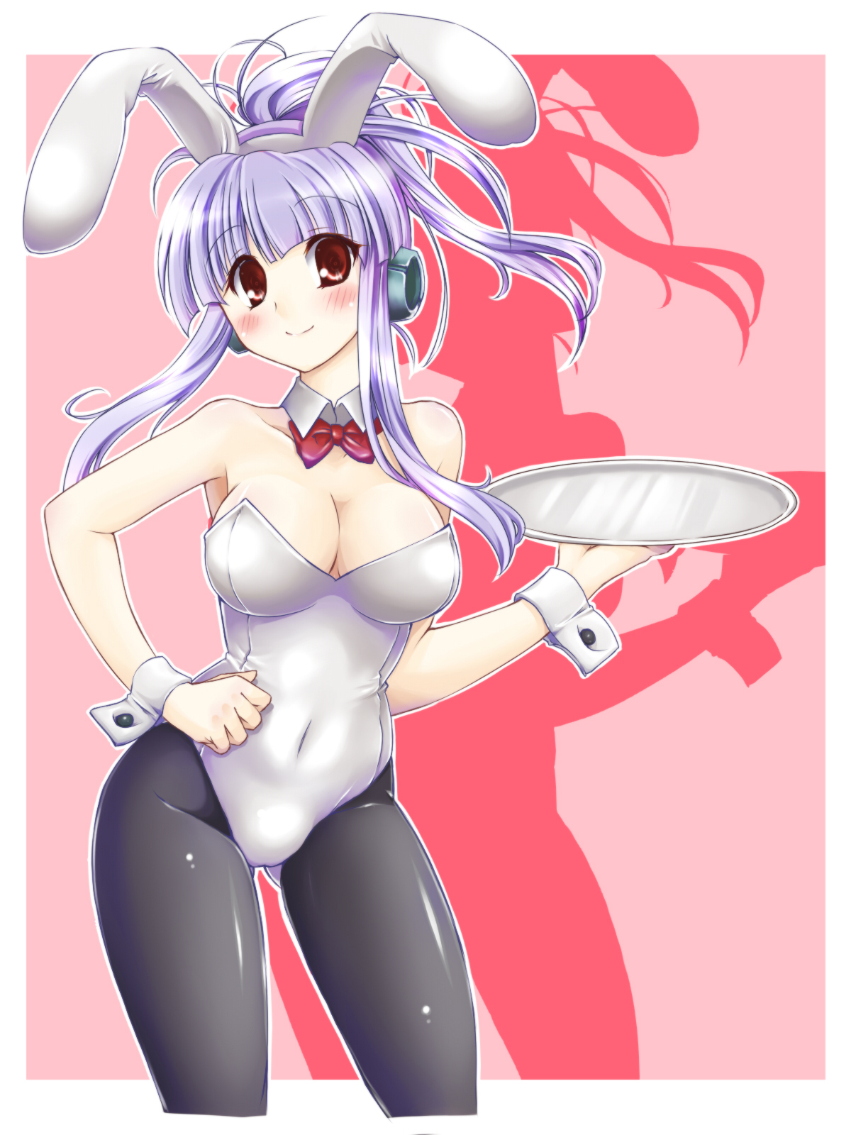 paopao, original, bad id, bad pixiv id, highres, animal ears, fake animal ears, long hair, pantyhose, playboy bunny, ponytail, purple hair, rabbit ears, red eyes, robot ears, solo, tray