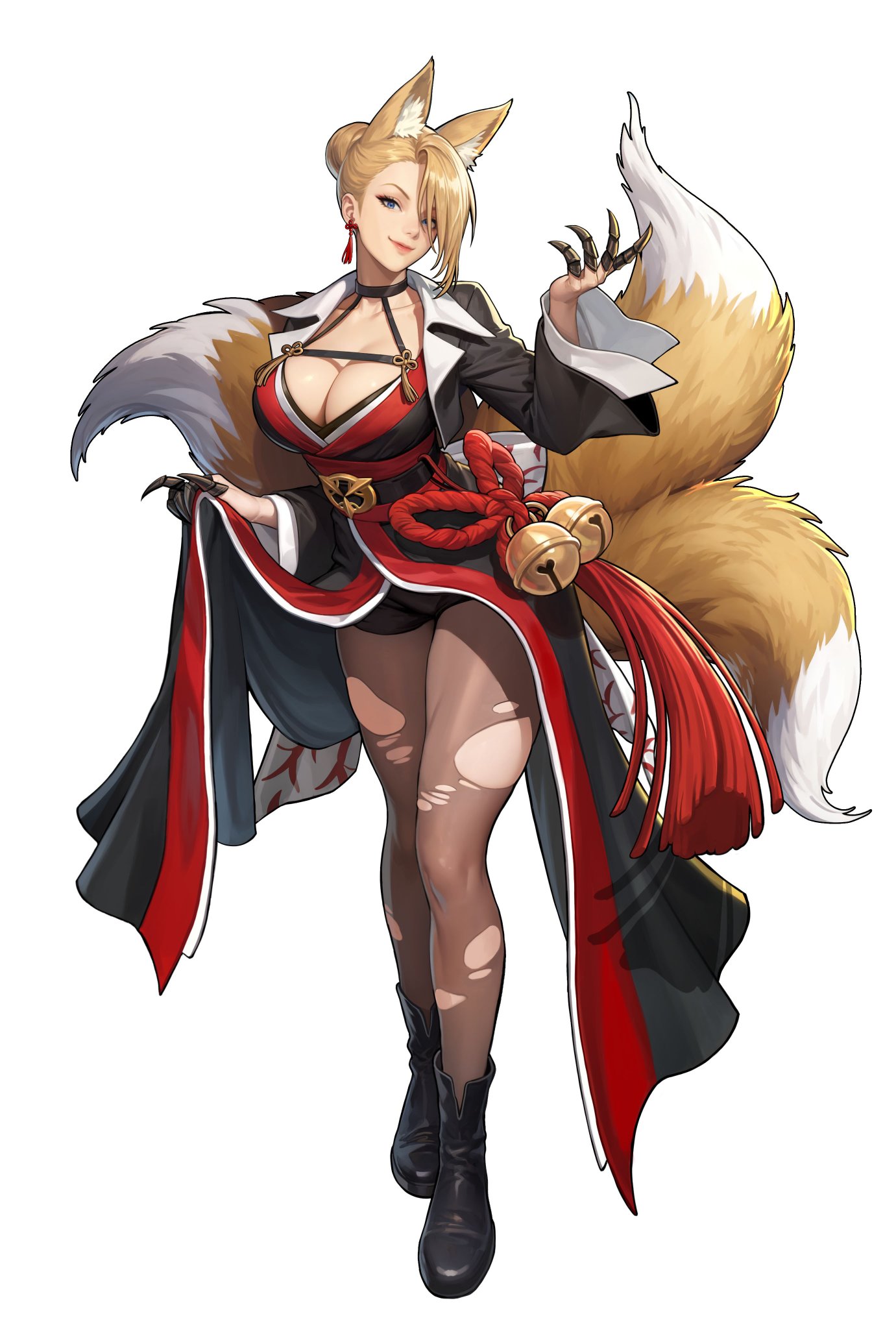 mature (kof), the king of fighters, torn legwear, highres, 1girl, animal ears, bike shorts, blonde hair, breasts, clothes lift, curvy, dress, female focus, fox, fox ears, fox girl, fox tail, hair bun, halloween, halloween costume, hands up, huge breasts, large breasts, long hair, looking at viewer, pale skin, pantyhose, see-through clothes, shoes, shorts, skirt, skirt lift, smile, smiley face, standing, tail, thick thighs, thighs, torn clothes, upskirt, wide hips