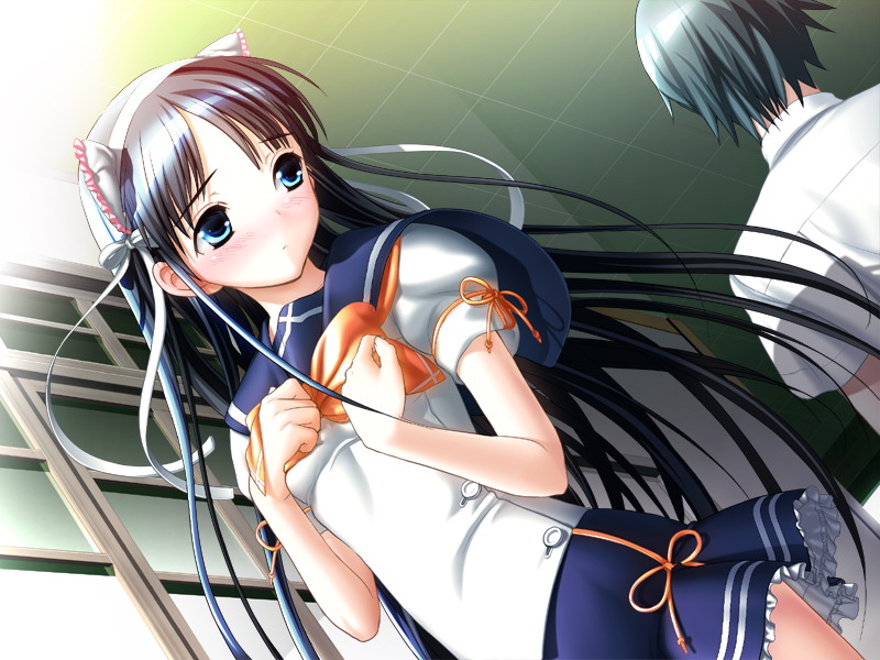hiide, yuki arisa, yotsunoha, game cg, 00s, 1boy, 1girl, animal ears, aqua eyes, black hair, blush, cat ears, dutch angle, long hair, ribbon, school uniform, serafuku, solo focus