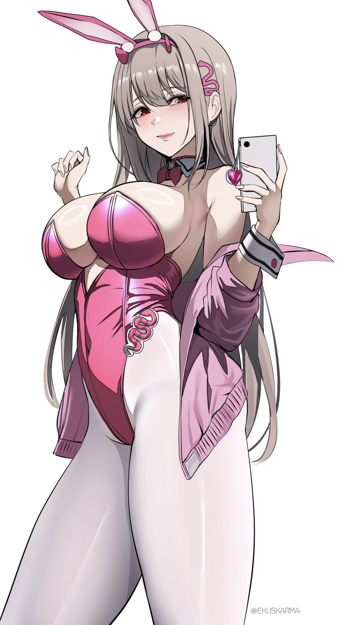 ekuskarma, viper (nikke), viper (toxic rabbit) (nikke), goddess of victory: nikke, highres, 1girl, animal ears, blonde hair, blush, bow, bowtie, breasts, covered navel, cowboy shot, detached collar, earrings, hair ornament, hands up, holding, holding phone, horns, jacket, jacket partially removed, jewelry, large breasts, leotard, light smile, long hair, pantyhose, phone, pink bow, pink bowtie, pink horns, pink jacket, pink leotard, pink lips, playboy bunny, rabbit ears, red eyes, shiny skin, sideways glance, solo, standing, strapless, strapless leotard, twitter username, white background, white pantyhose, wrist cuffs