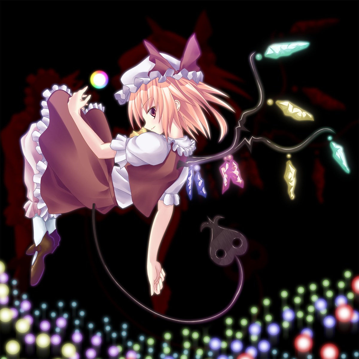 ina (inadahime), flandre scarlet, touhou, bad id, bad pixiv id, highres, 1girl, blonde hair, danmaku, female focus, floating, glowing, hat, laevatein, red eyes, short hair, solo, wings